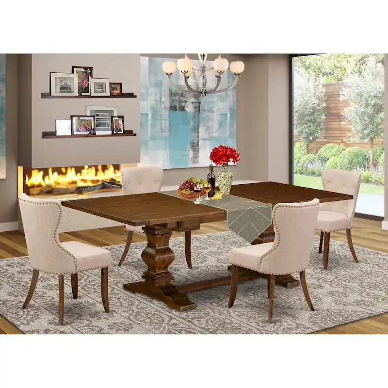 East West Furniture Dining Table Set- a Rectangle Dinner Table and Light Tan Linen Fabric Chairs, (Pieces Option)