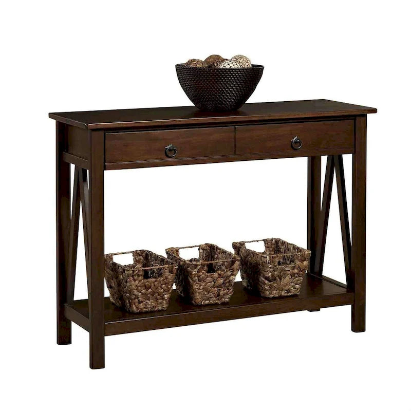 2-Drawer Console Sofa Table with Storage Shelf in Brown