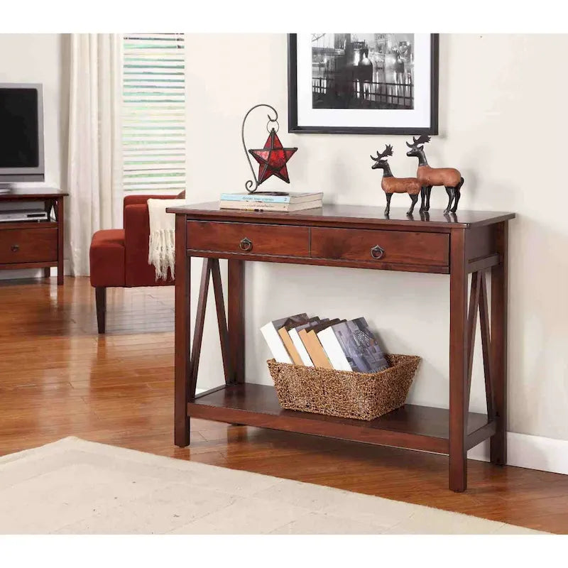 2-Drawer Console Sofa Table Living Room Storage Shelf in Tobacco Brown - 14 x 42 x 30.7 inches