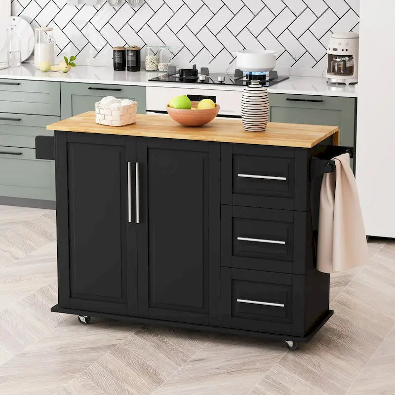 Kitchen Island Cart with 2 Door Cabinet and 3 Drawers