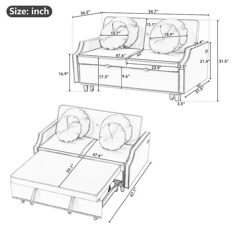 Loveseat Sofa Bed with Adjustable Button Tufted Backrest, 2 USB Ports and 4 Pillows