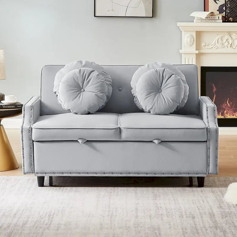 Loveseat Sofa Bed with Adjustable Button Tufted Backrest, 2 USB Ports and 4 Pillows