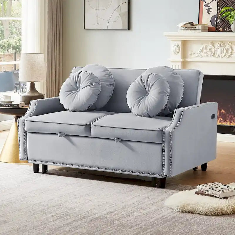 Loveseat Sofa Bed with Adjustable Button Tufted Backrest, 2 USB Ports and 4 Pillows