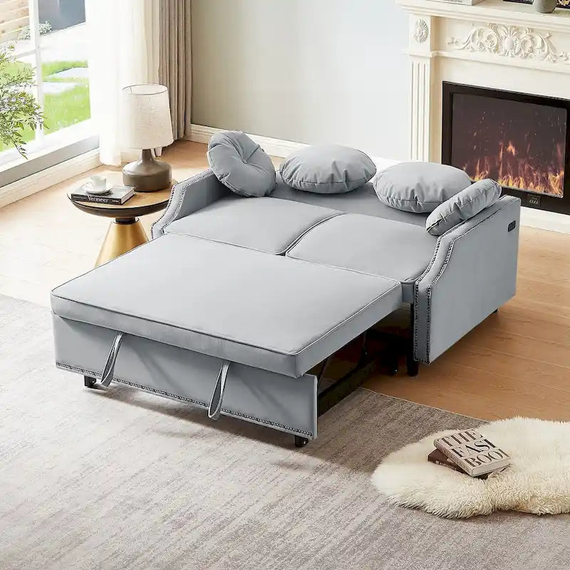 Loveseat Sofa Bed with Adjustable Button Tufted Backrest, 2 USB Ports and 4 Pillows