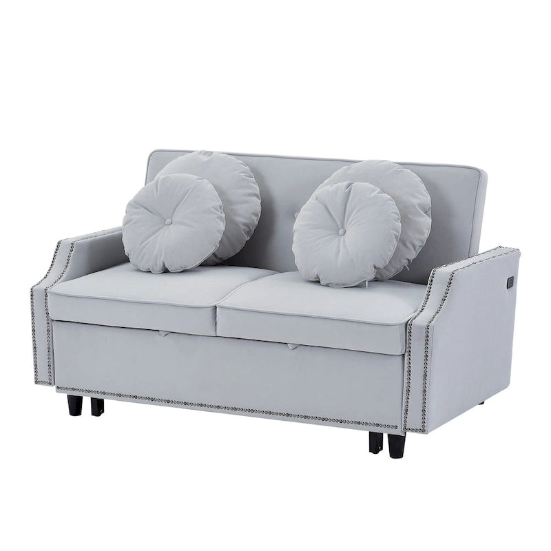 Loveseat Sofa Bed with Adjustable Button Tufted Backrest, 2 USB Ports and 4 Pillows