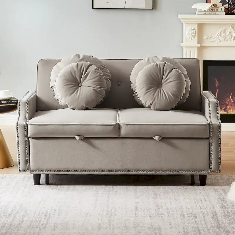 Loveseat Sofa Bed with Adjustable Button Tufted Backrest, 2 USB Ports and 4 Pillows
