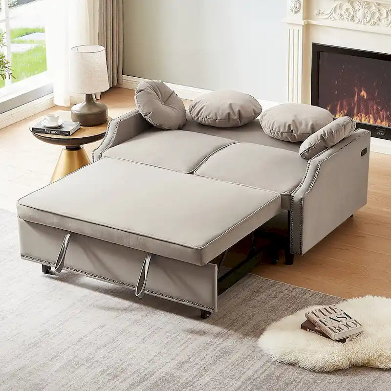 Loveseat Sofa Bed with Adjustable Button Tufted Backrest, 2 USB Ports and 4 Pillows
