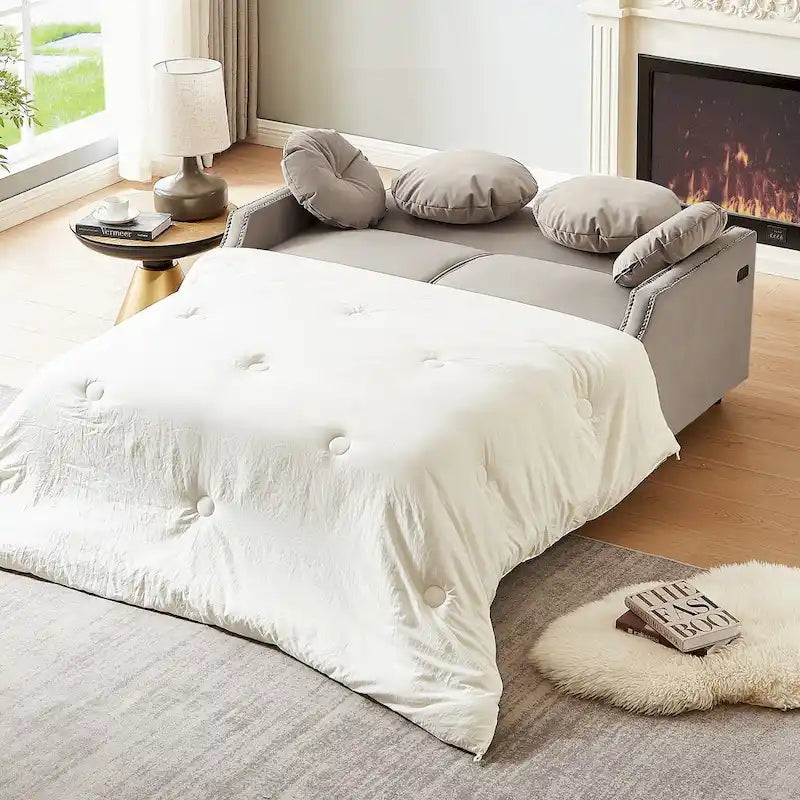 Loveseat Sofa Bed with Adjustable Button Tufted Backrest, 2 USB Ports and 4 Pillows