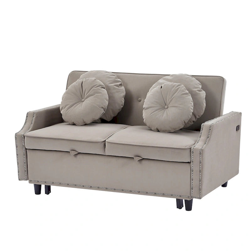 Loveseat Sofa Bed with Adjustable Button Tufted Backrest, 2 USB Ports and 4 Pillows