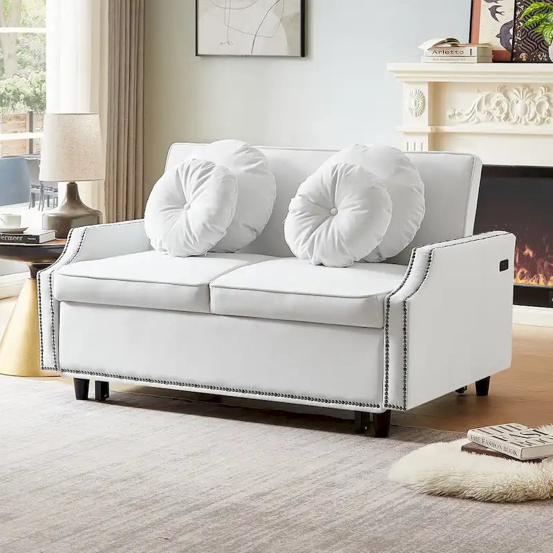 Loveseat Sofa Bed with Adjustable Button Tufted Backrest, 2 USB Ports and 4 Pillows