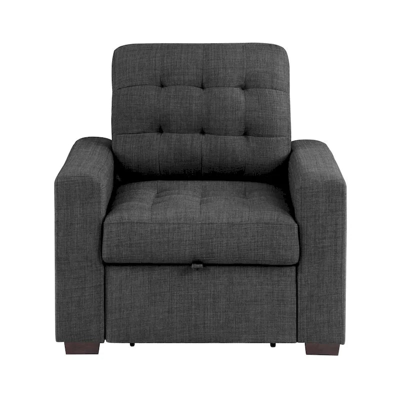 37 Inch Chair with Pull Out Ottoman, Dark Gray Polyester, Espresso Wood