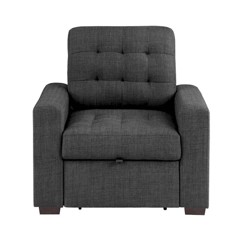 37 Inch Chair with Pull Out Ottoman, Dark Gray Polyester, Espresso Wood