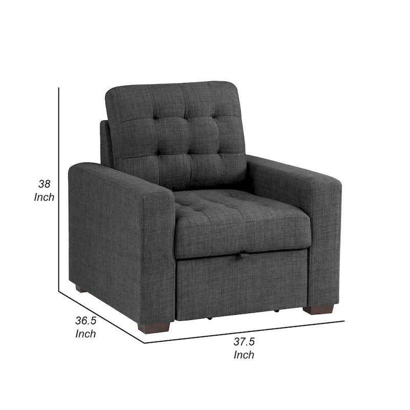 37 Inch Chair with Pull Out Ottoman, Dark Gray Polyester, Espresso Wood
