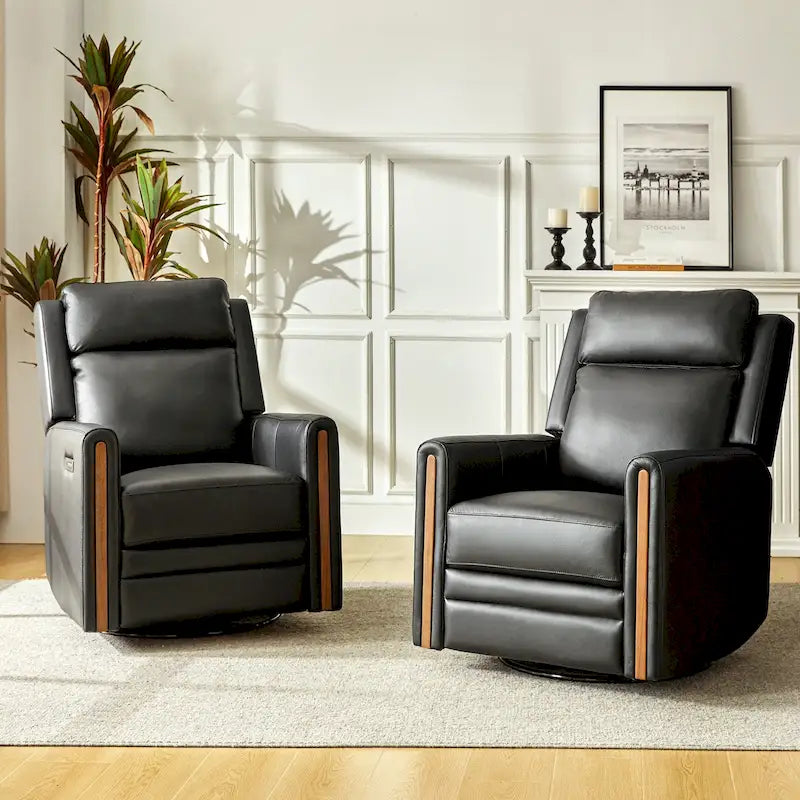 Modern Genuine Leather Power Rocking Swivel Recliner with Adjustable Headrest and Footrest, Set of 2
