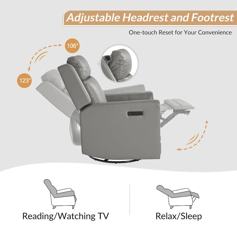 Modern Genuine Leather Power Rocking Swivel Recliner with Adjustable Headrest and Footrest, Set of 2