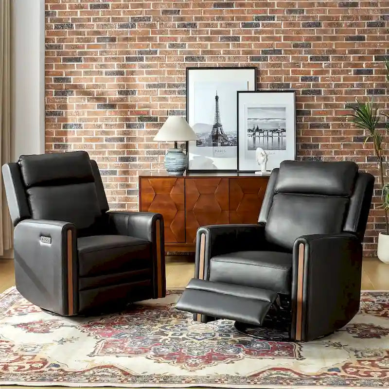Modern Genuine Leather Power Rocking Swivel Recliner with Adjustable Headrest and Footrest, Set of 2