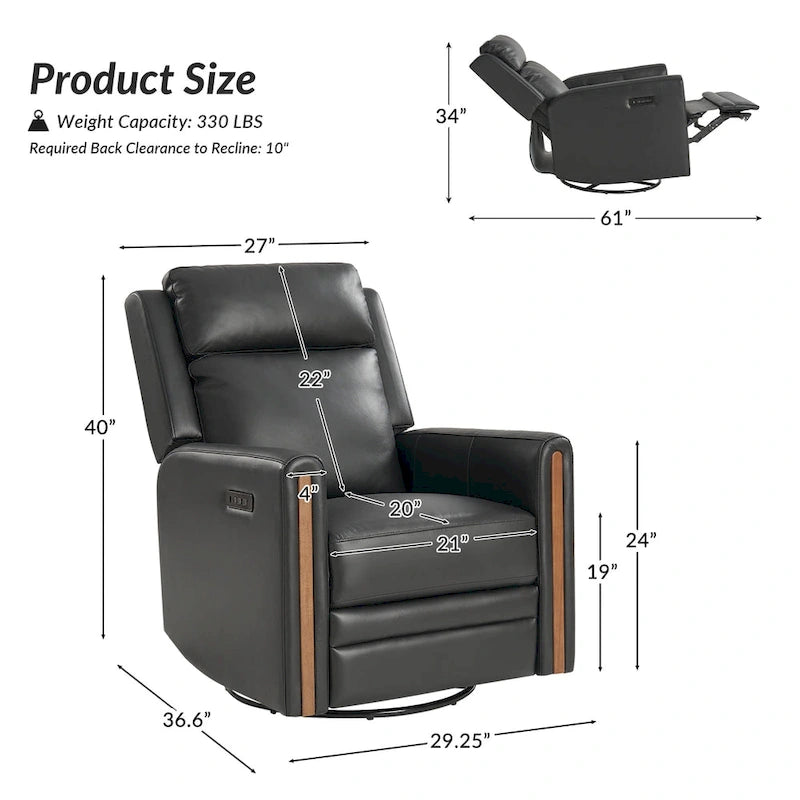 Modern Genuine Leather Power Rocking Swivel Recliner with Adjustable Headrest and Footrest, Set of 2