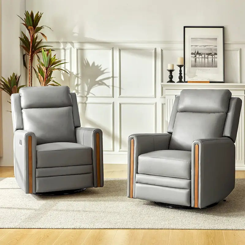 Modern Genuine Leather Power Rocking Swivel Recliner with Adjustable Headrest and Footrest, Set of 2