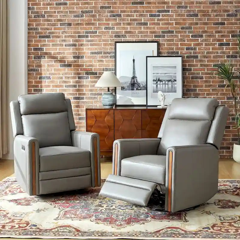 Modern Genuine Leather Power Rocking Swivel Recliner with Adjustable Headrest and Footrest, Set of 2