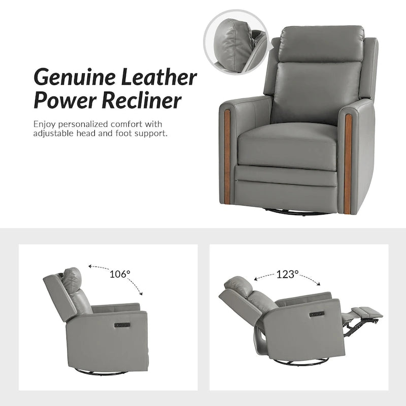 Modern Genuine Leather Power Rocking Swivel Recliner with Adjustable Headrest and Footrest, Set of 2