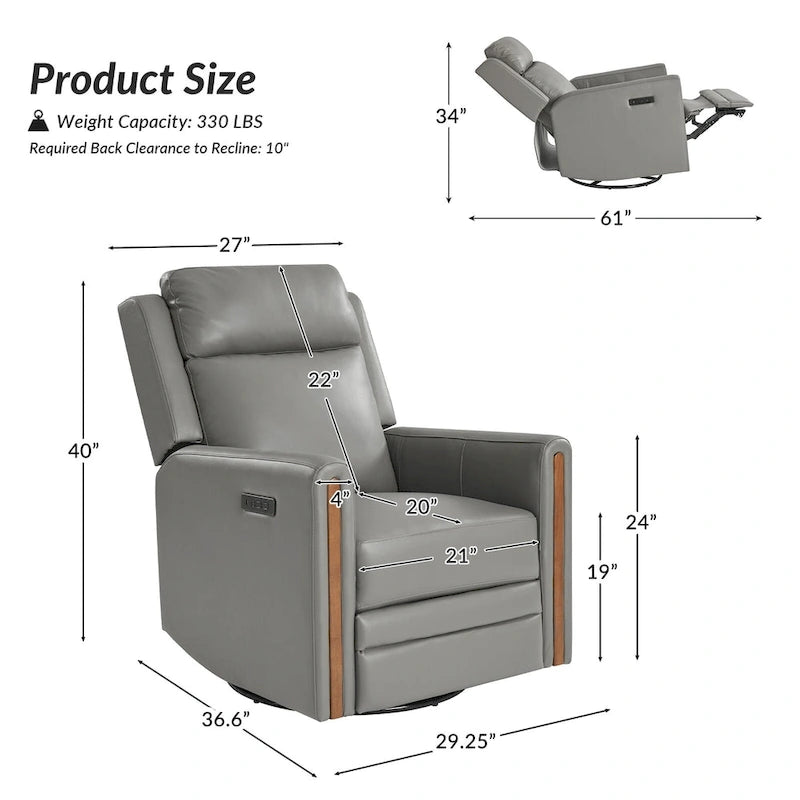 Modern Genuine Leather Power Rocking Swivel Recliner with Adjustable Headrest and Footrest, Set of 2