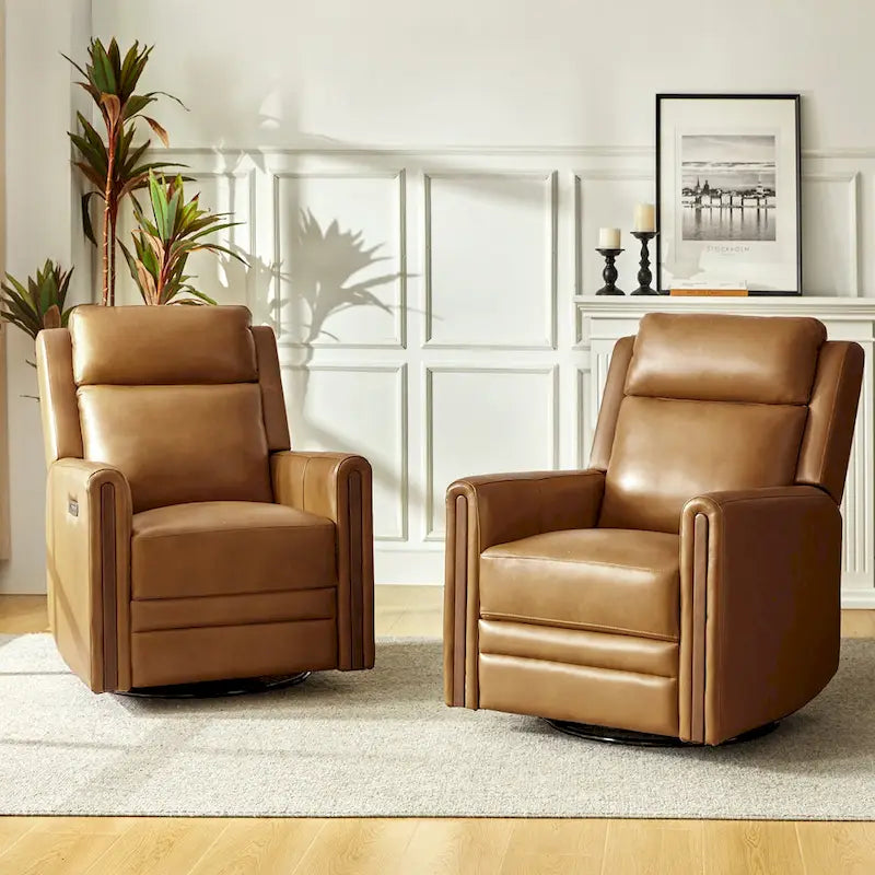 Modern Genuine Leather Power Rocking Swivel Recliner with Adjustable Headrest and Footrest, Set of 2