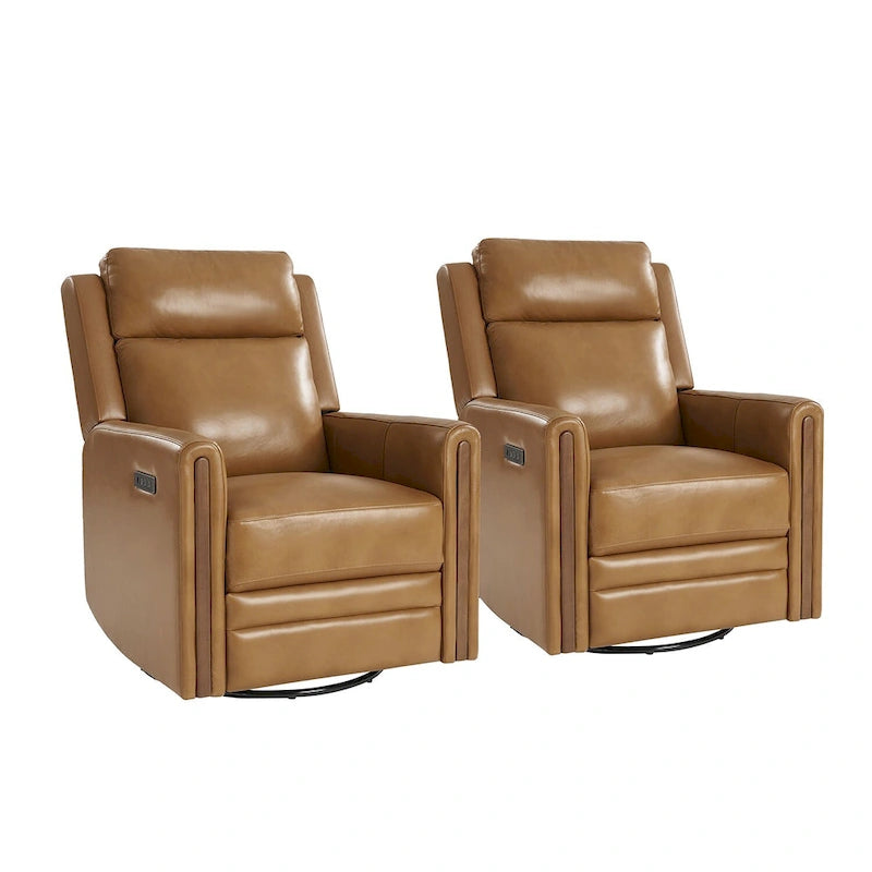 Modern Genuine Leather Power Rocking Swivel Recliner with Adjustable Headrest and Footrest, Set of 2