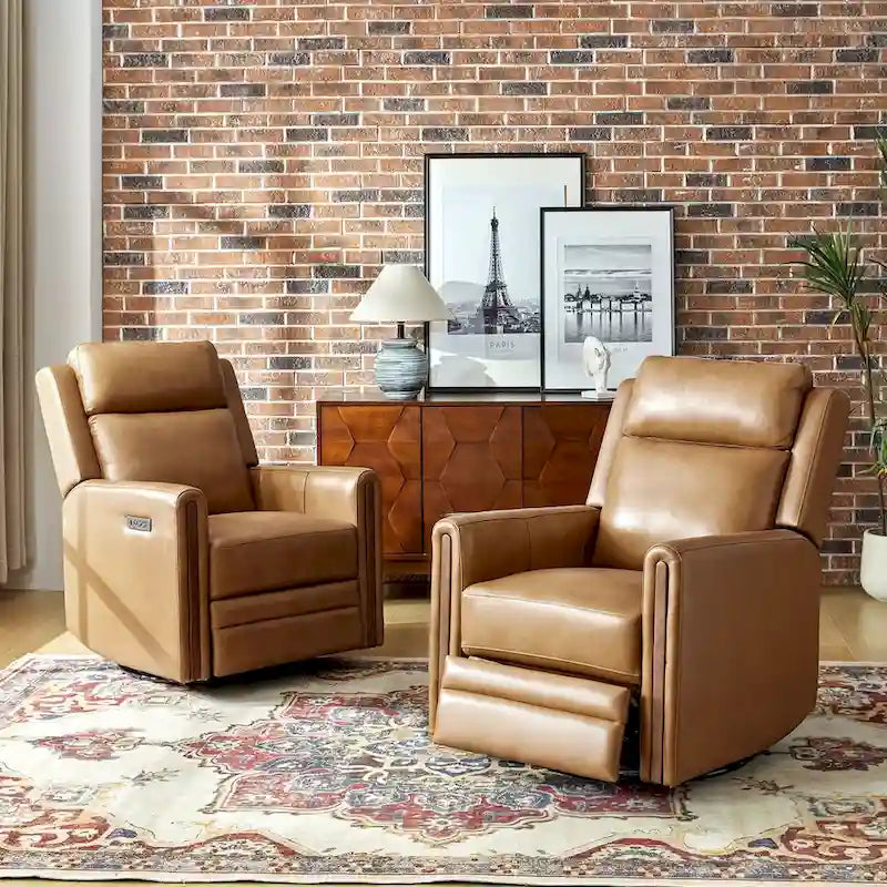 Modern Genuine Leather Power Rocking Swivel Recliner with Adjustable Headrest and Footrest, Set of 2
