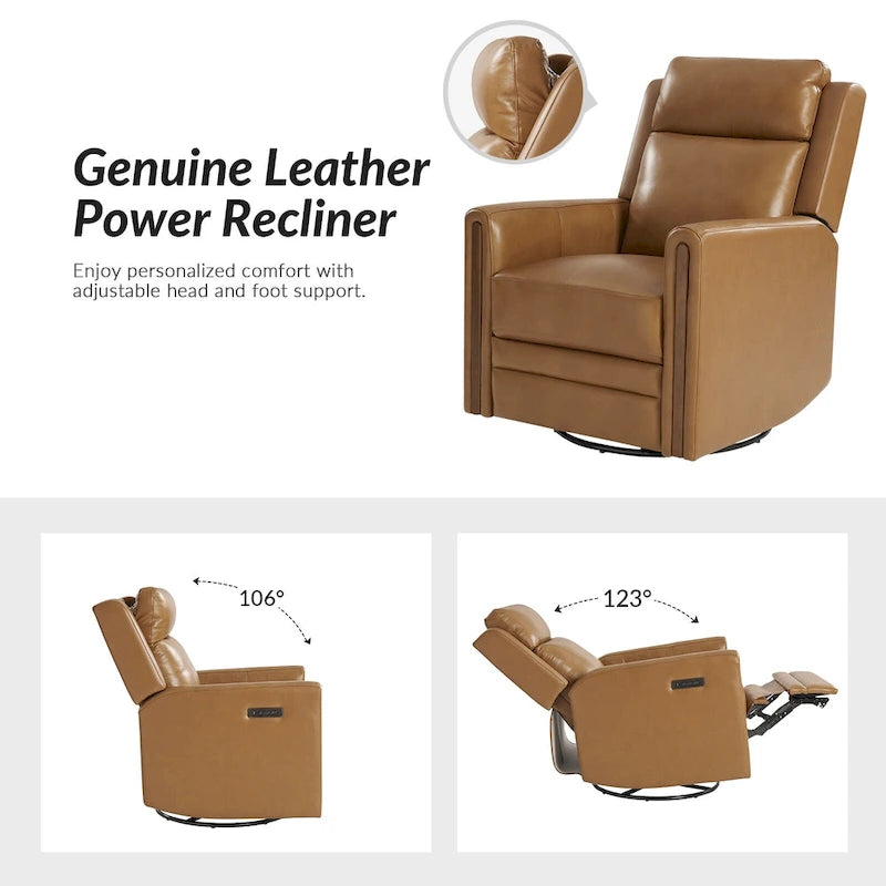 Modern Genuine Leather Power Rocking Swivel Recliner with Adjustable Headrest and Footrest, Set of 2