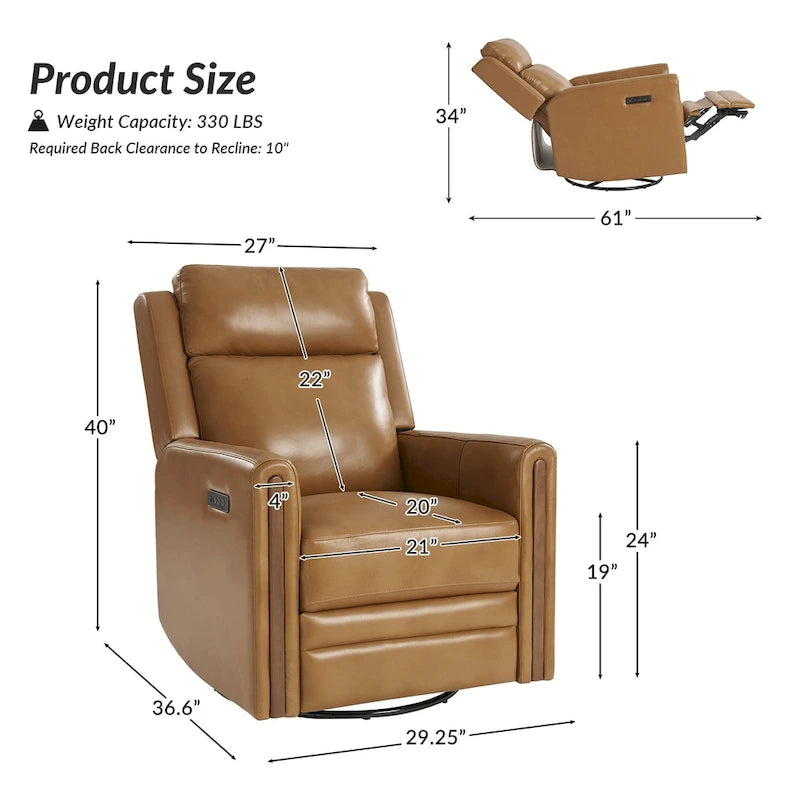 Modern Genuine Leather Power Rocking Swivel Recliner with Adjustable Headrest and Footrest, Set of 2