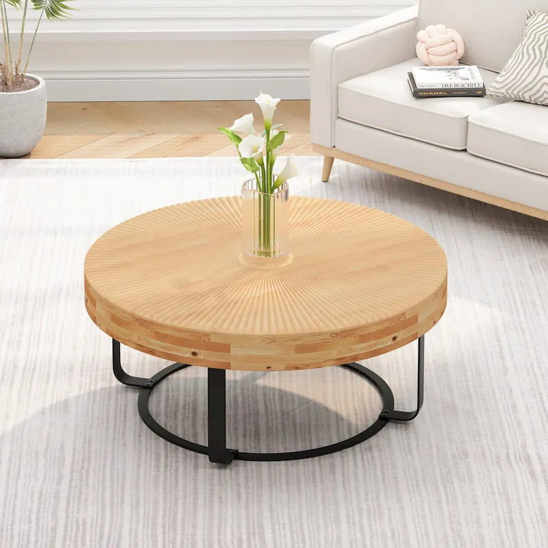 Modern Round Coffee Table Wooden Carving Pattern Coffee Table with Metal Legs for Living Room Reception Room Office ,Black