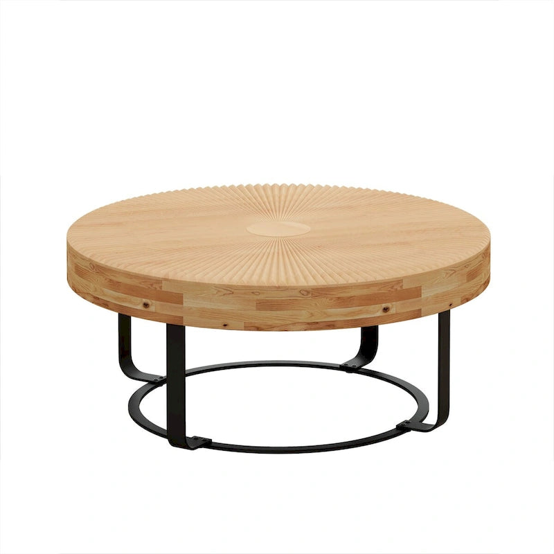 Modern Round Coffee Table Wooden Carving Pattern Coffee Table with Metal Legs for Living Room Reception Room Office ,Black