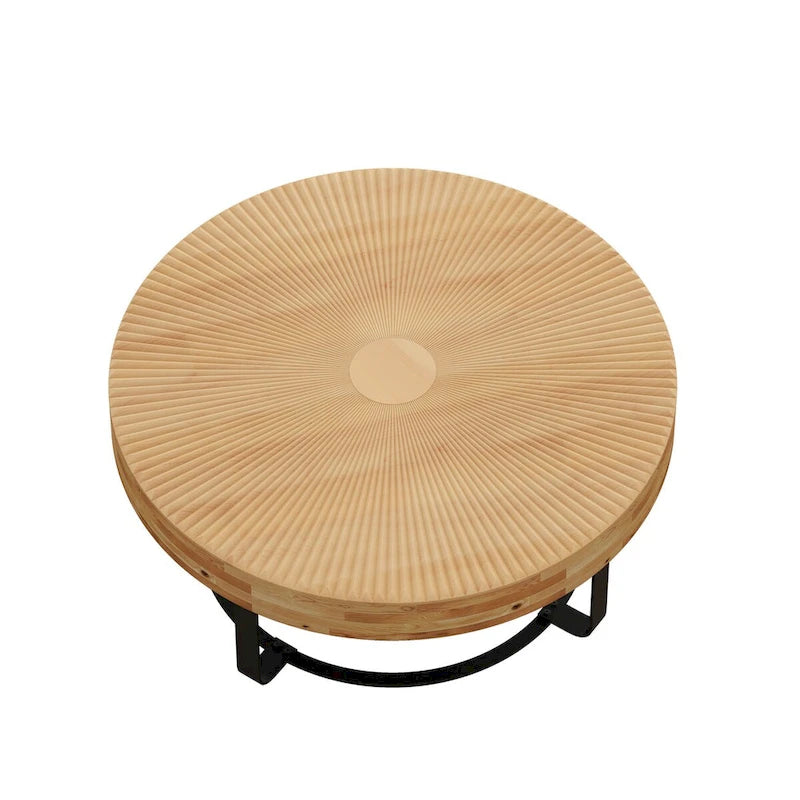Modern Round Coffee Table Wooden Carving Pattern Coffee Table with Metal Legs for Living Room Reception Room Office ,Black