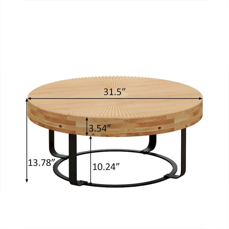 Modern Round Coffee Table Wooden Carving Pattern Coffee Table with Metal Legs for Living Room Reception Room Office ,Black
